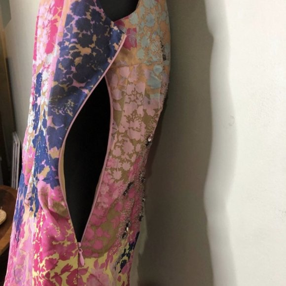 Sz XS 100% Silk Maxi Dress Floral Pink Blue RHINESTONE EMBELLISHED Sleeveless - Picture 6 of 14